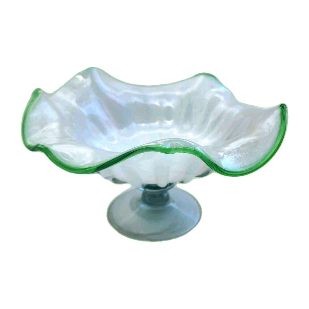Opalescent White Venetian Pedestal Compote Bowl Green Trim Wide Ruffle Edge